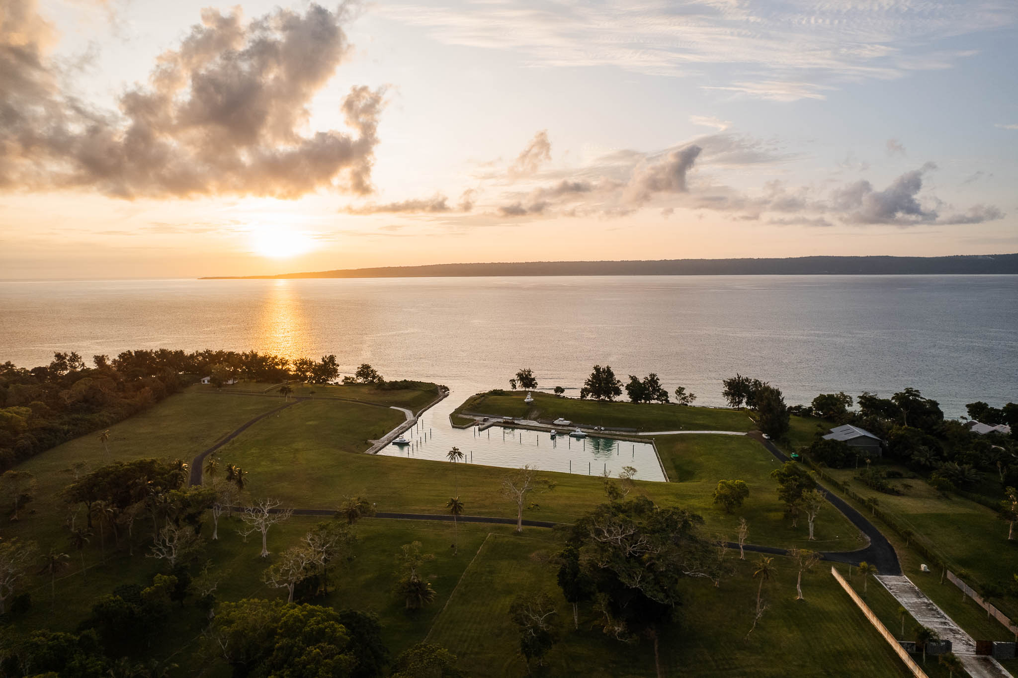 Aerial view of the Point Marina development in Port Vila, Vanuatu. Multiple lots of land available for purchase centered around fully functional boat marina